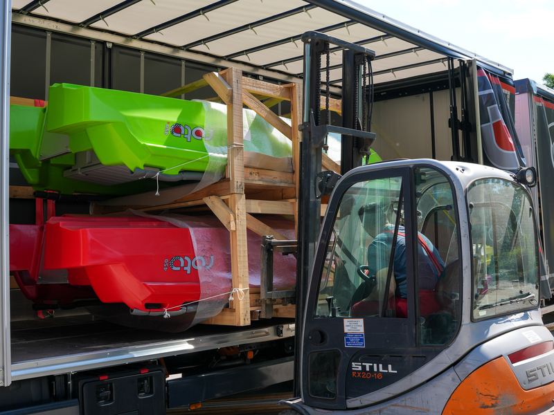 Finished ROTO Nautica hulls being loaded for delivery at the factory