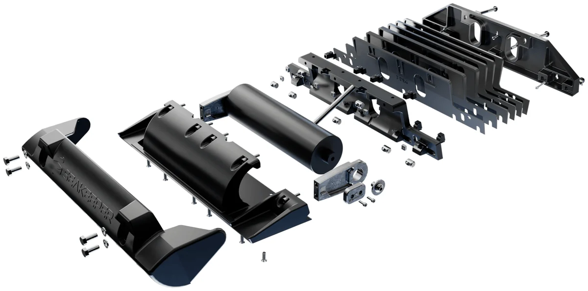 A Seakeeper Ride controller shown exploded into its housing, rotary blade, drivetrain and mounting hardware.